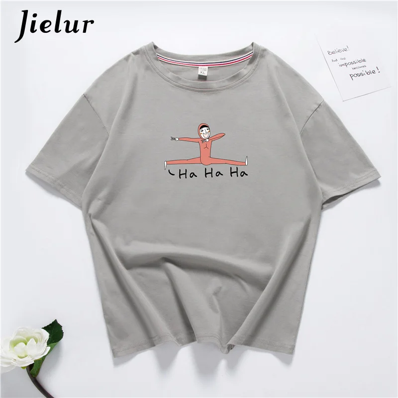 Jielur счастливый Harajuku Kawaii печатных забавная футболка Femme хлопок белая черный M-XXL