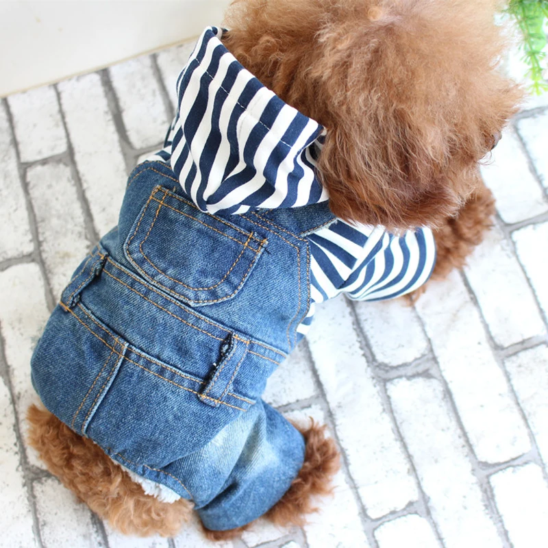 

2022 All Season Warm Denim Dog Clothes Jacket Pet Coat Hoodies For Dogs Stripe Apparel Chihuahua Clothing Dog Supplies