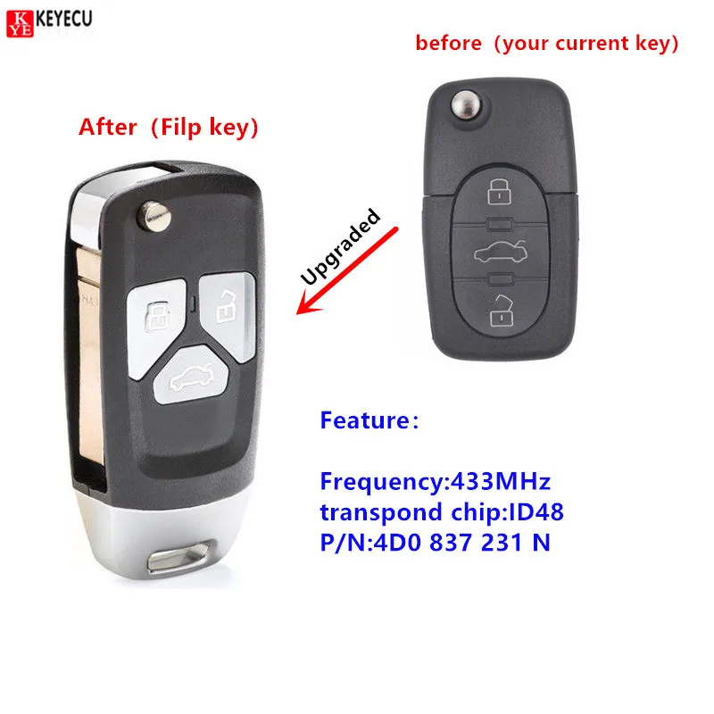 Пульт дистанционного управления для Audi A3 A4 A6 Quattro A8 TT RS4 433 1999 2000 2001 4D0 2002 837 N|Ключ от