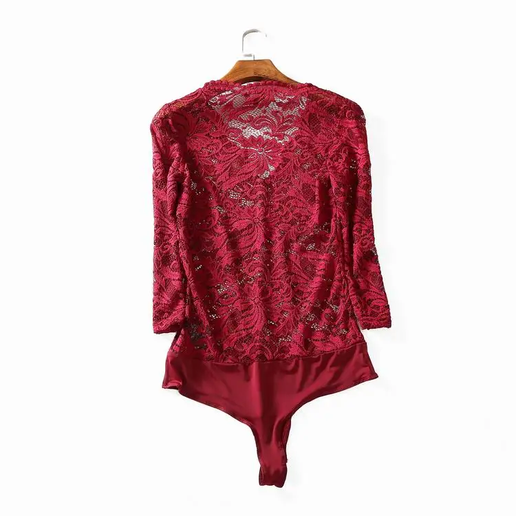 Женское боди с V образным вырезом длинным кружевным рукавом|overall romper|bodycon bodysuitplaysuit