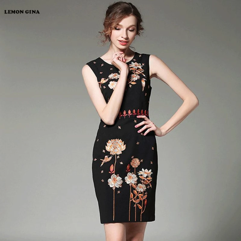 Лимон Gina 2018 новый летний Для женщин Vestidos цветочный Вышивка Midi Bodycon рукавов
