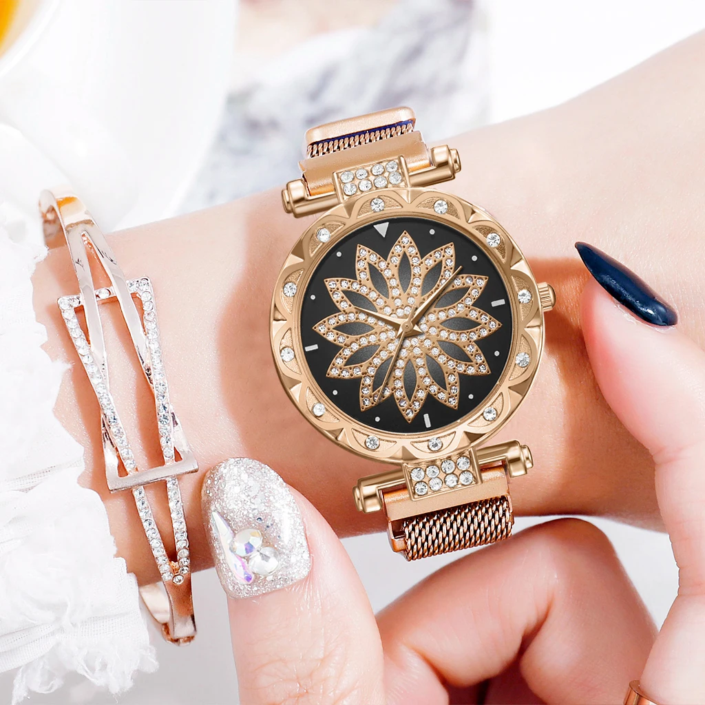 

Women Brand Luxury Magnetic Watches Lucky Flower Bracelet Watch Fashion Ladies Geometric Surface Quartz Watch Relogio Feminino