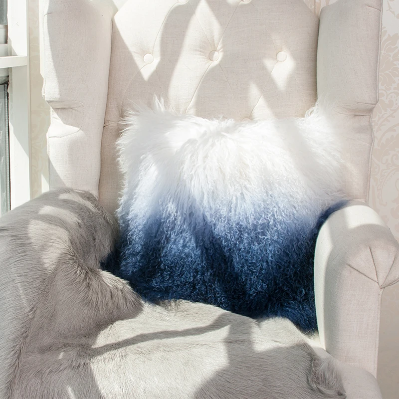 Подушка из тибетской овчины с кудрявым мехом мягкий мех синего цвета для мебели