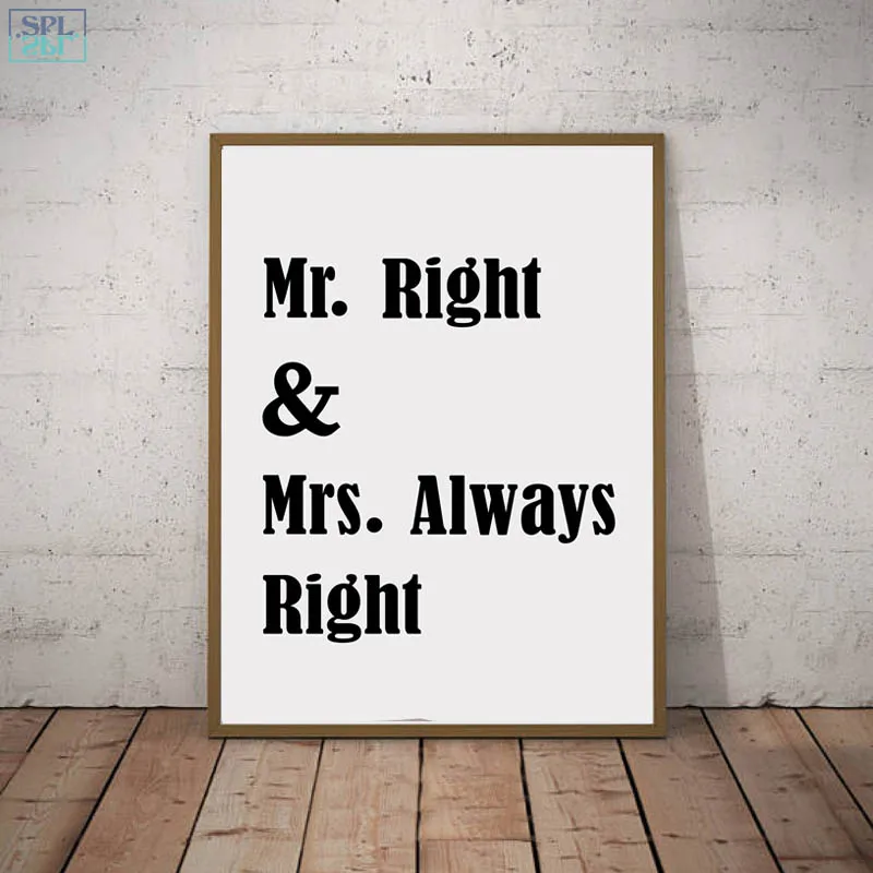 Mr. Right и Mrs. Always Love Quote Art Canvas Print картина абстрактная минималистическая черно белая