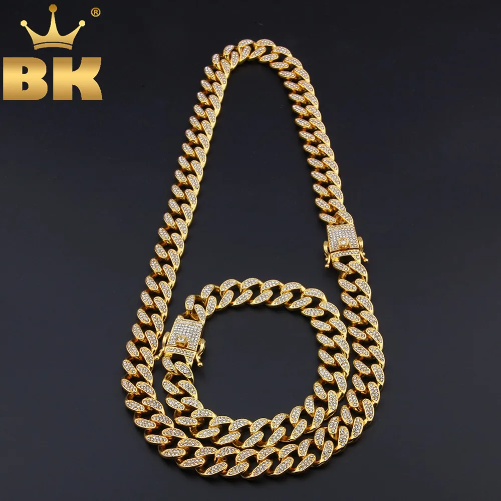 THE BLING KING 13mm Miami Cuban Link Chain Necklace & Bracelet Set Full Iced Out Rhinestones Bling Bling Hiphop Jewelry Set