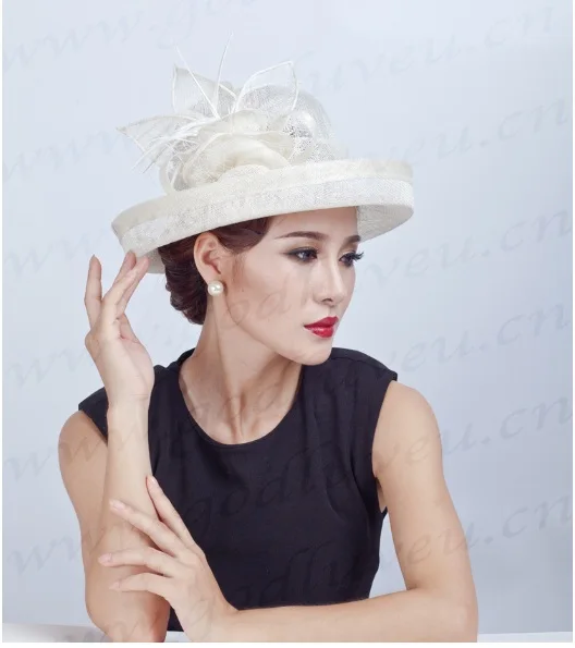 

new Ladies Feather Fascinators Racing Season Hats Sinamay Wedding Hats for Cocktail Party Ivory Coral