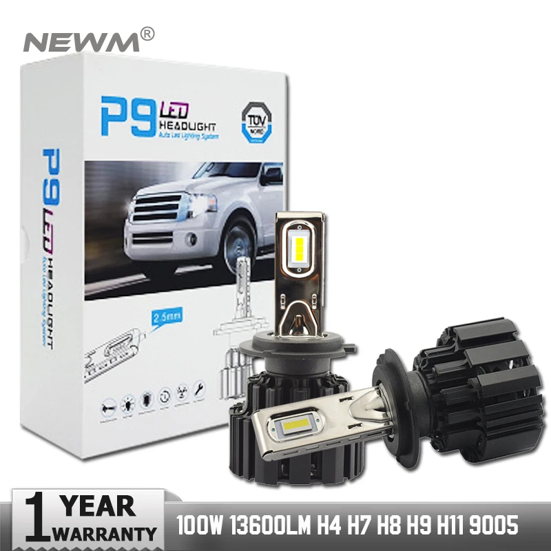 2шт H7 100W 13600LM P9 светодиодный фонарь CSP чипы белый 6000K передние лампы с одним