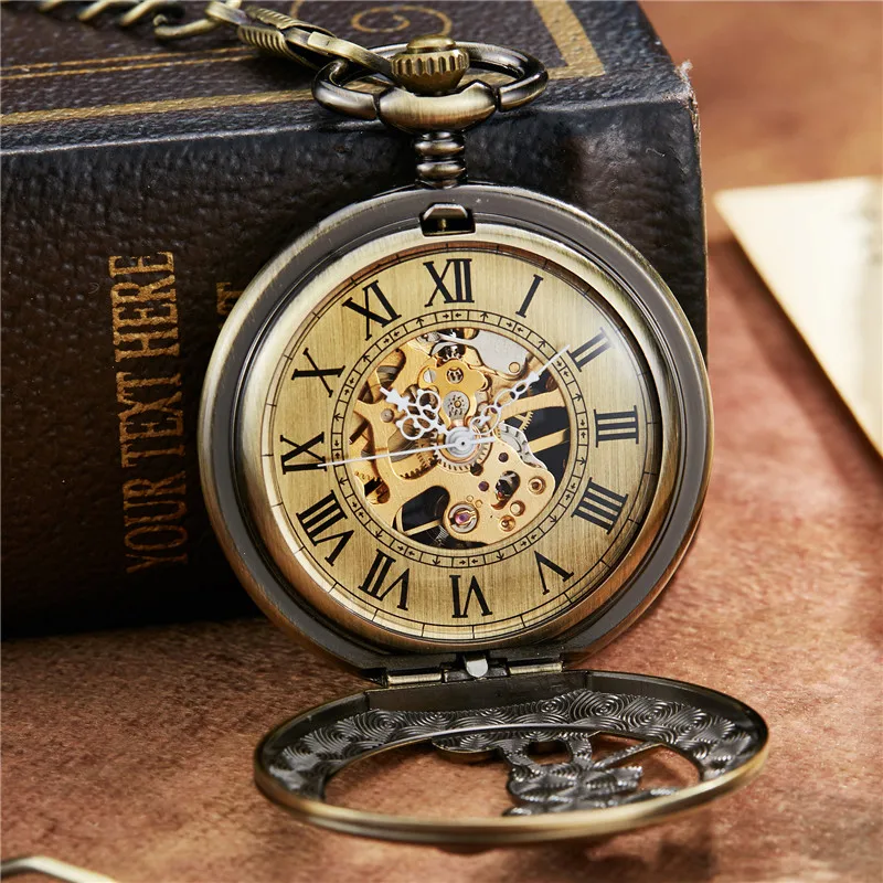 Unique Cartoon Mouse Bronze Roman Dial Mehanical Pocket Watch FOB Chain Hand Wind Mechanical Mens Womens Watches with Chain