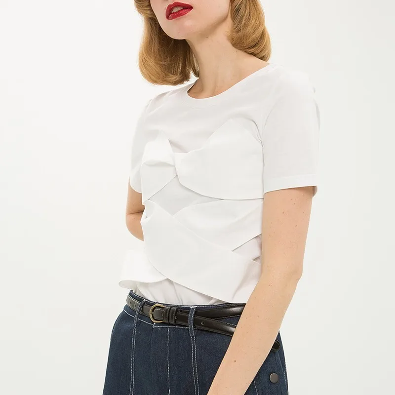 TWOTWINSTYLE, летняя однотонная женская футболка с круглым вырезом, короткий рукав, неровный крест, тонкие топы, женская модная одежда,, повседневная