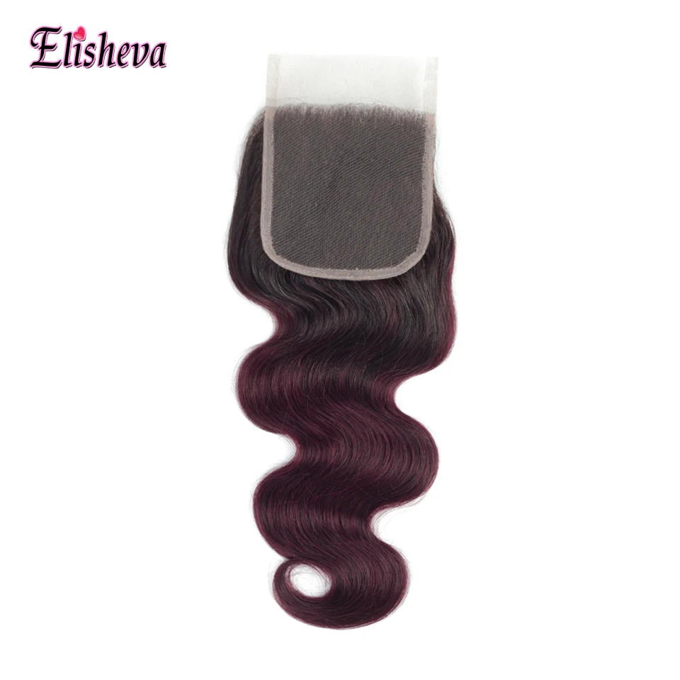 Elisheva 1B/99J разноцветные шиньоны с закрытием Бразильский бодиволн Закрытие с пучками бордовый Омбре волос 3 Связки предложения не Реми