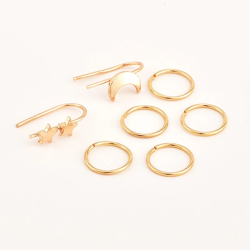 2018 New Arrival 7PCS/Set Star Golden Allergy Free Earring Hoop Earrings for women Exquesite Moon Circle Girls Women Hot Sale | Украшения и