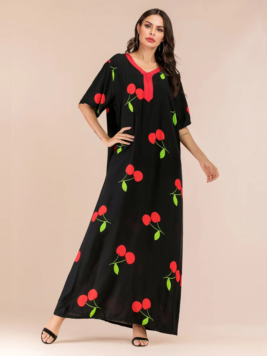Летнее Женское Платье макси с вишневым принтом размера плюс, свободное платье с коротким рукавом и лентами в стиле пэчворк, модное праздничное платье VKDR1642