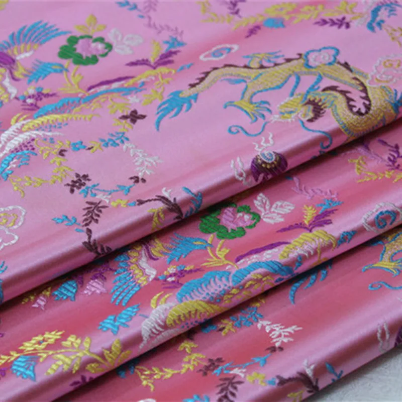 CF522 Red/Golden/Pink Dragon &amp Phoenix Embroidered Brocade Fabric Chinese Silk Stain For Couple's Wedding Clothes |