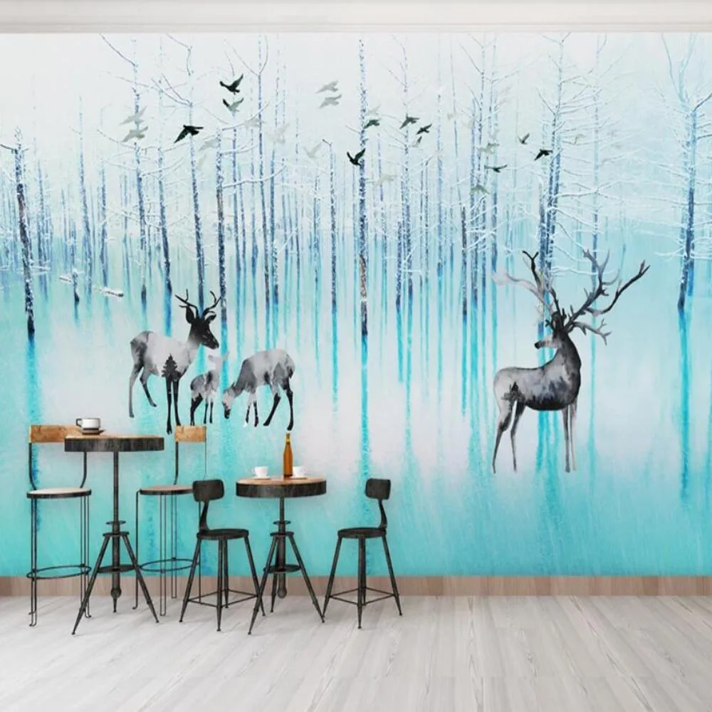 Акварельные олени леса фото обои снег природный пейзаж Настенные для дивана ТВ