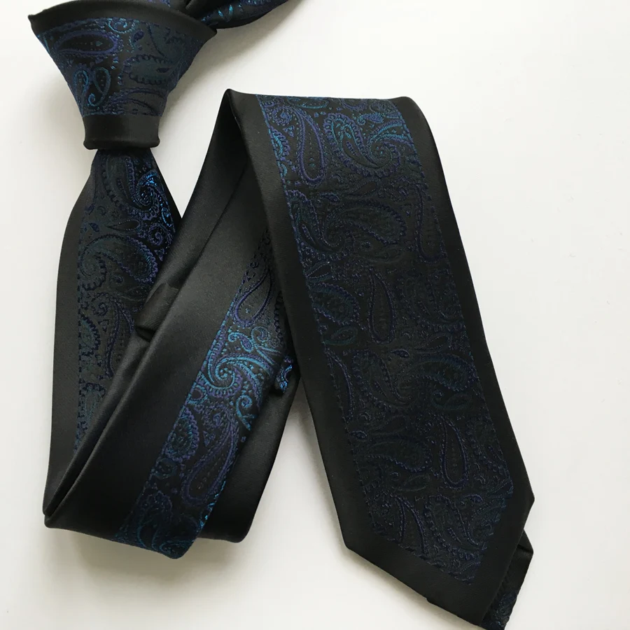 

Top Designer Slim Ties Luxury Men Woven Neck Gravatas Black Border with Blue Paisley Shinny Corbatas Free Shipping