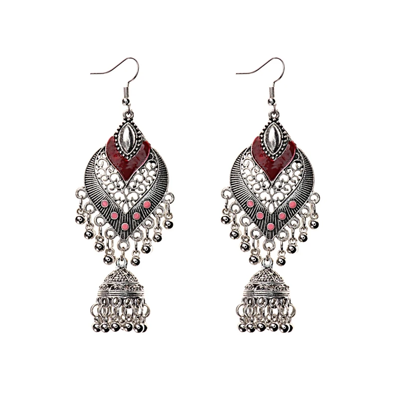 DOUVEI индийские ювелирные изделия Jhumka серебристого цвета полые колокольчики Эффектные серьги богемные винтажные этнические серьги капли воды для женщин - Окраска металла: HXE067-4