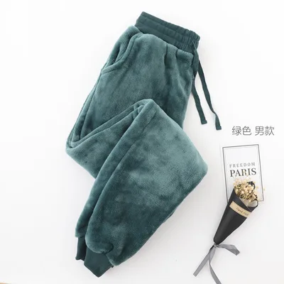 men green Осенне-зимние фланелевые пижамы для влюбленных, для мужчин и женщин, толстые теплые коралловые флисовые домашние брюки, повседневные однотонные длинные штаны для сна размера плюс - Цвет: men green