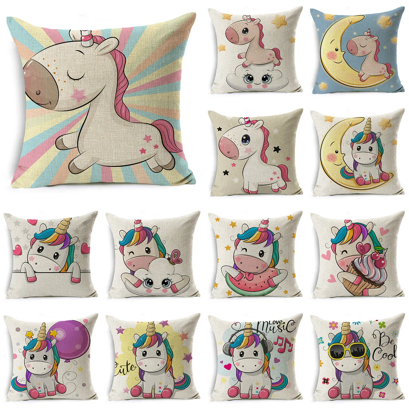 

WZH Unicorn Pony Linen Cushion Cover 45x45cm Linen Decorative Pillow Cover Sofa Bed Pillow Case