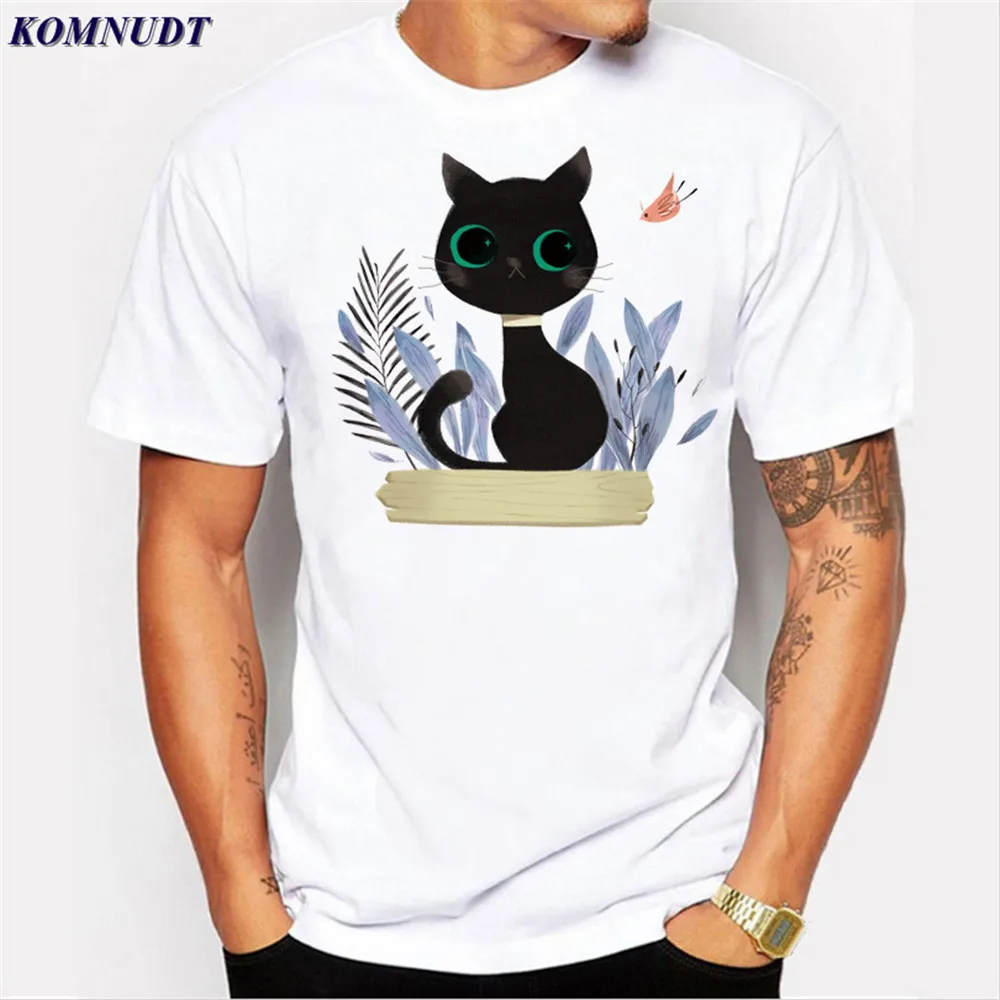 2018 Для мужчин футболка небольшой Черный кот в траве 3D принт Дизайн плюс Размеры