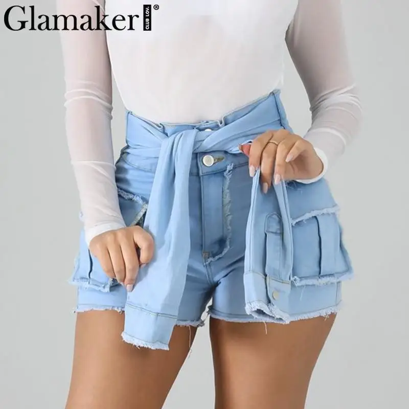 Glamaker, сексуальные синие джинсовые шорты для женщин, весна-лето, уличная одежда, высокая талия, джинсовые шорты для женщин размера плюс, женская уличная одежда, низ - Цвет: Light Blue