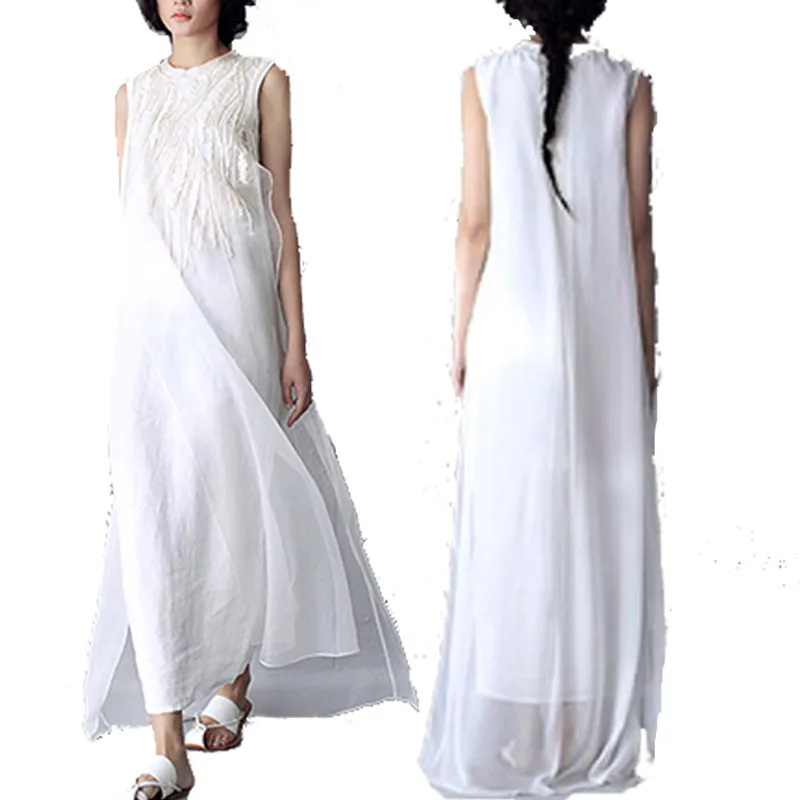 Женское длинное платье с круглым вырезом летнее белое хлопково льняное