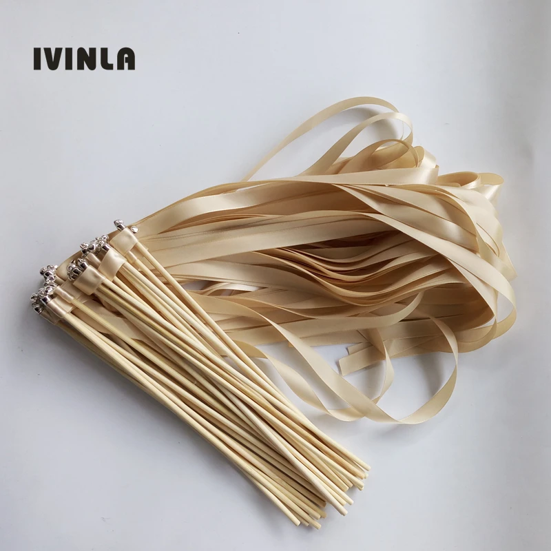 

50pcs/lot Neutral wedding ribbon wands with sliver bell for wedding party