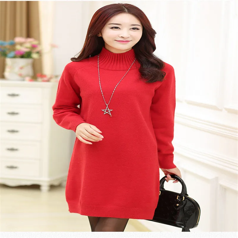 2019 New Winter Loose Big Yards Knitted Sweater Pure Color Side Slit Pullover Turtleneck Warm Long Women A1496 | Женская одежда