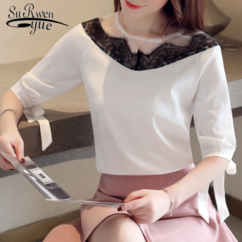 

sexy short sleeve women shirts blusas mujer de moda 2019 women blouse solid lace chiffon blouse women top camisas mujer 4779 50
