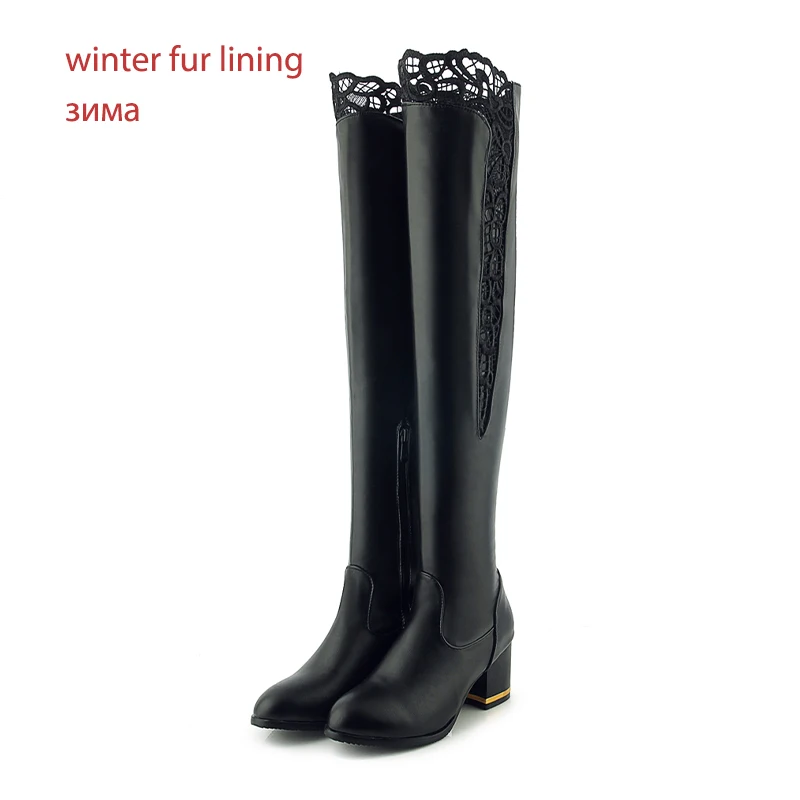 black thick plush WETKISS/женские ботфорты из Pu искусственной кожи размера плюс 33-46 женская обувь на высоком каблуке с круглым носком на шнуровке женская обувь с застежкой-молнией г. Зима - Цвет: black thick plush