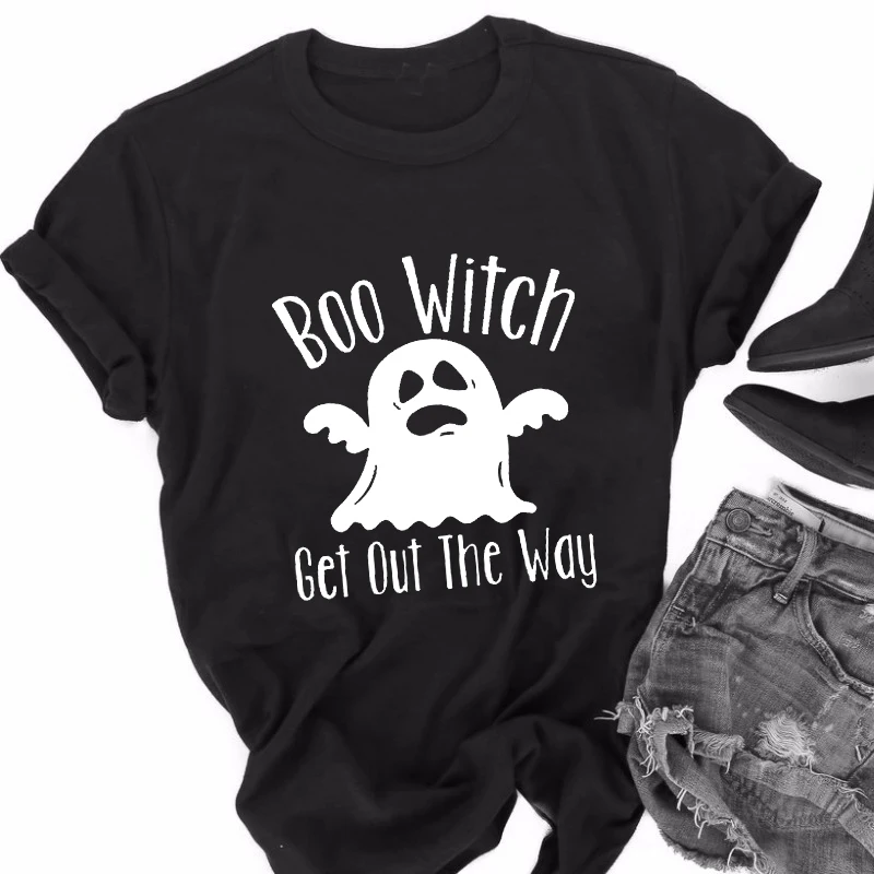 Футболка На Хэллоуин футболка с круглым вырезом и надписью Boo Witch Out The Way|Футболки|