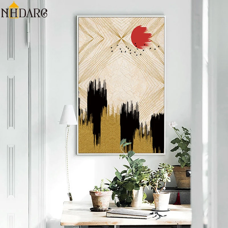 

Chinese Japanese Style Red Sun Landscape Posters and Prints Canvas Painting Wall Art Wall Pictures for Living Room Home Decor