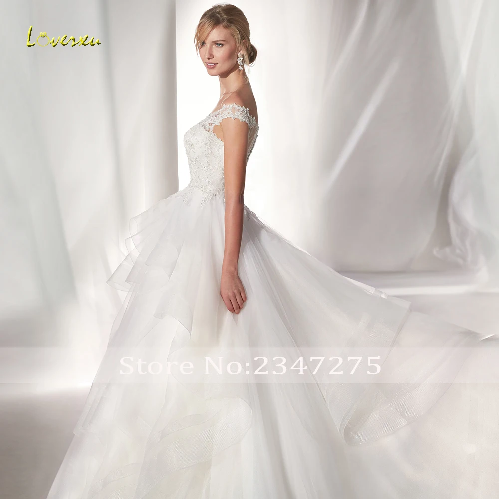 

Loverxu Sexy Illusion Ruched Tiered A Line Wedding Dresses 2019 Luxury Appliques Beaded Button Court Train Vintage Bridal Gowns
