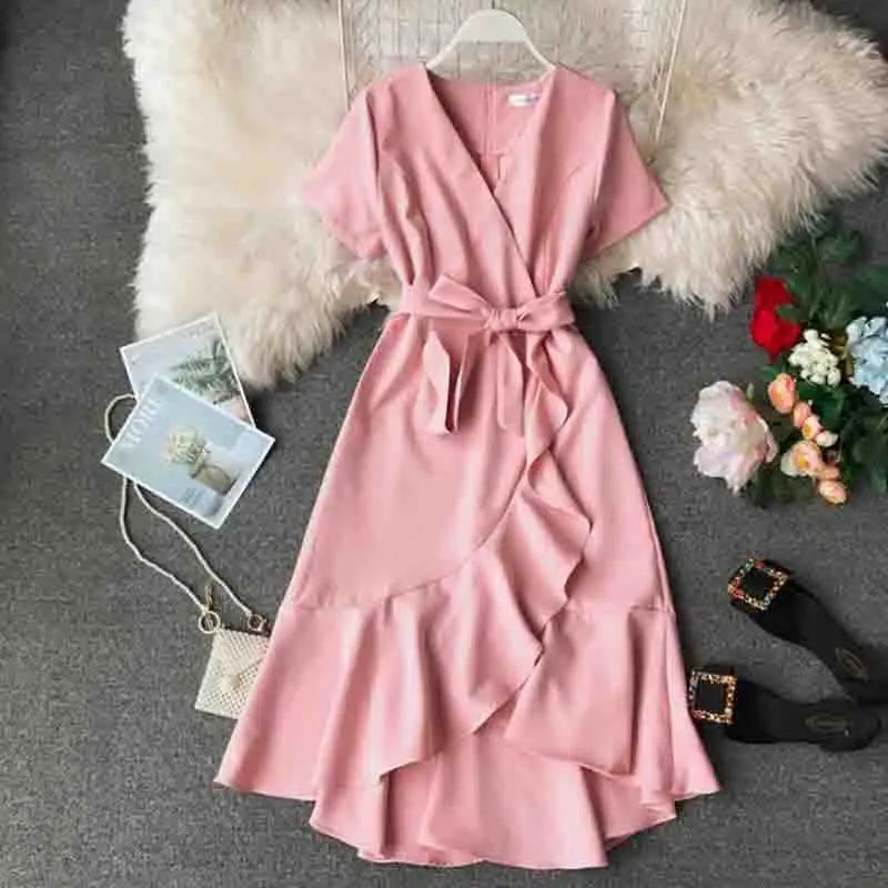 2019 летние женские плиссированное платье с короткими рукавами v-образным вырезом