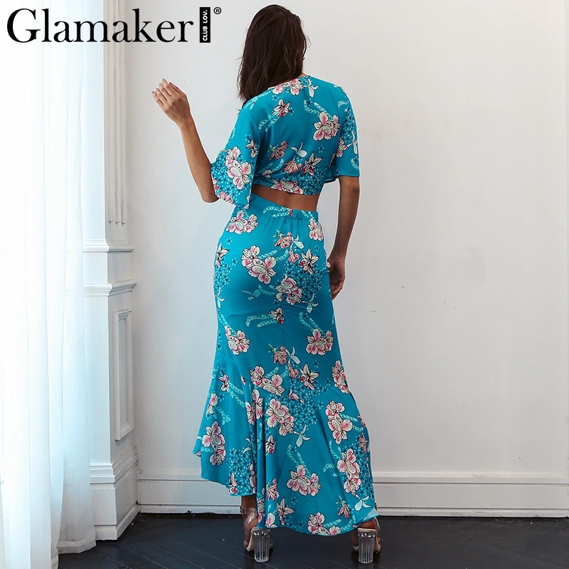 Glamaker, цветочный принт, бохо, летнее платье, женское, из двух частей, с рюшами, макси платье, Пляжное, vestidos, необычное, сексуальное, глубокий v-образный вырез, вечернее платье