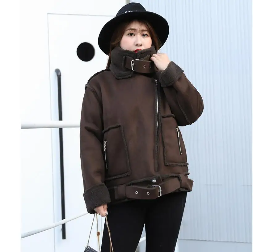 

Women's autumn winter faux suede leather jacket lady's thicken warm fleece lining thermal plus size motorcycle jacket TB293