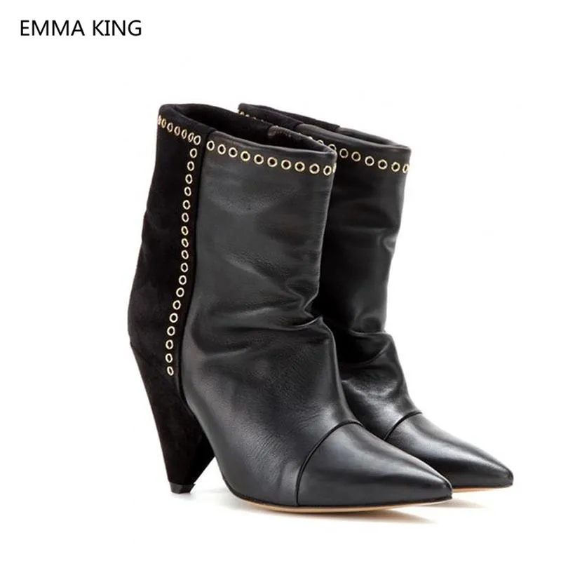 

2018 New Women Spike High Heel Pointed Toe Ankle Boots Zepatos De Mujer Metal Eyelet Decoration Pleated Ladies Winter Warm Shoes