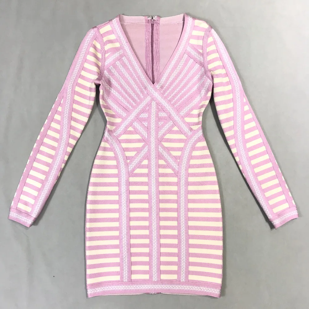 

2018 Newest blue black pink V Neck Long Sleeve striated Women summer Celebrity evening party Bandage Vestidos dresses