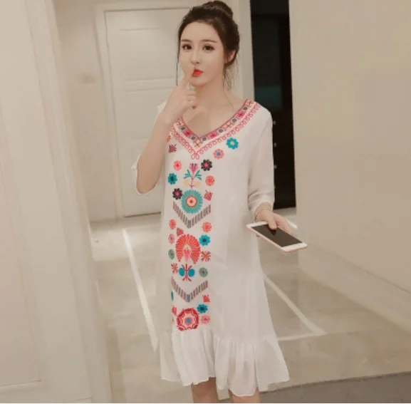 Clobee 2017 Summer Vintage Embroidery Printed Dress For Pregnancy Women Half Sleeve Elegant Ladies Chiffon Ruffles XL126 | Беременность