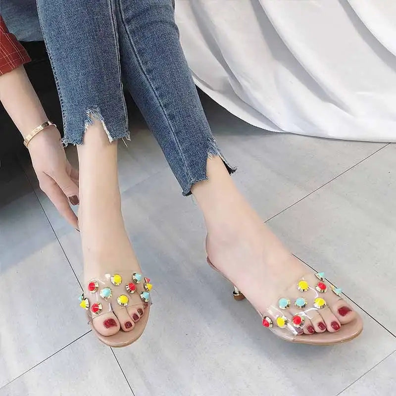 Прозрачные слиперы Женская Летняя мода 2018 новая обувь на толстом высоком каблуке