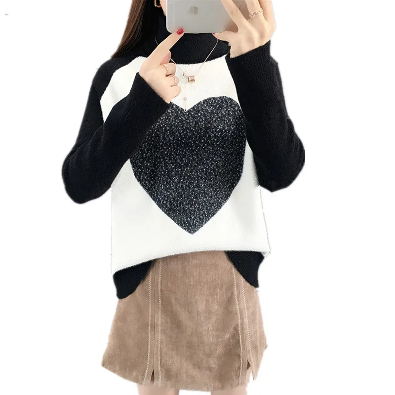 Winter wear new high-necked double-sided woolen sweater thick pullover color matching love two-lapel loose knit bottom | Женская одежда