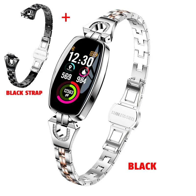 siver ad black strap H8 женский умный Браслет фитнес-браслет монитор сердечного ритма кровяное давление кислородный смарт-браслет лучший подарок для леди - Цвет: siver ad black strap