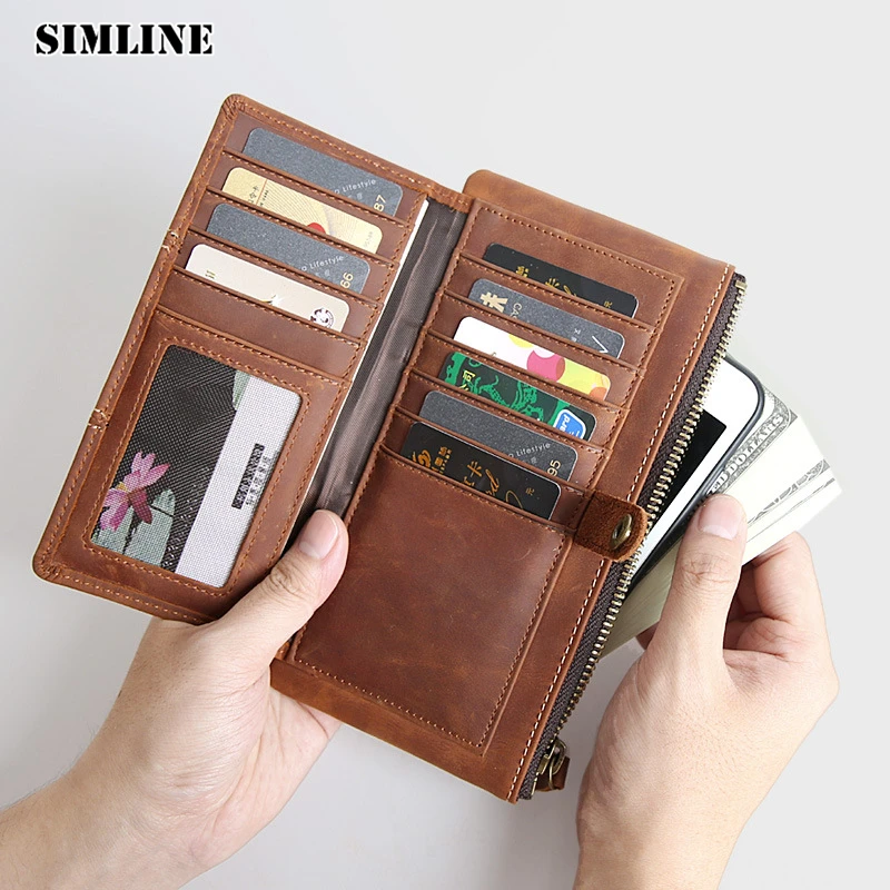 Мужской кошелек SIMLINE длинный винтажный из натуральной воловьей кожи на молнии с