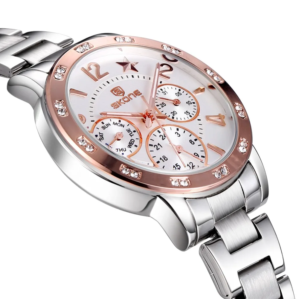 Женские кварцевые часы SKONE со стразами и подсветкой розовое золото серебристый