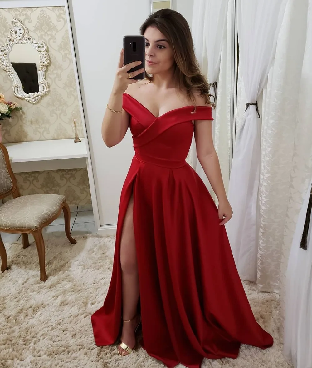 Vestidos De Gala, сексуальное красное платье с v-образным вырезом, с разрезом по бокам, Длинное Элегантное ТРАПЕЦИЕВИДНОЕ вечернее платье с открытыми плечами