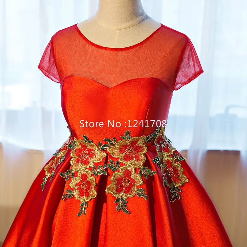 Brand New 2017 Summer O-Neck Short Sleeve Red Satin Sashes Flowers Embroidery Pattern Floor-Length Evening Party Dresses |