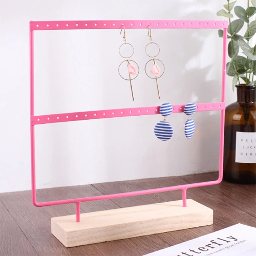 Mordoa 24/44 Holes Wood Earrings Organizer Jewelry Holder Necklace Bracelet Rack 2 Layers Jewelry Display Stand Jewelry Packing - Цвет: Розово-красный