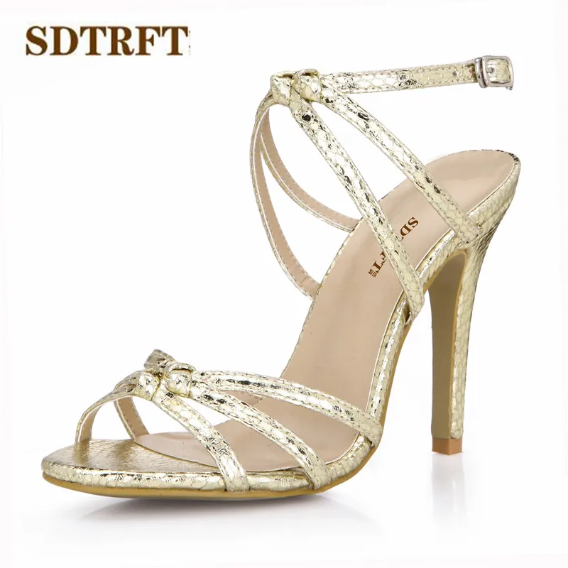 

SDTRFT zapatos mujer Summer sexy Buckle sandals 10cm thin high heels Peep Toe wedding shoes woman Gold Sliver Snakes print pumps