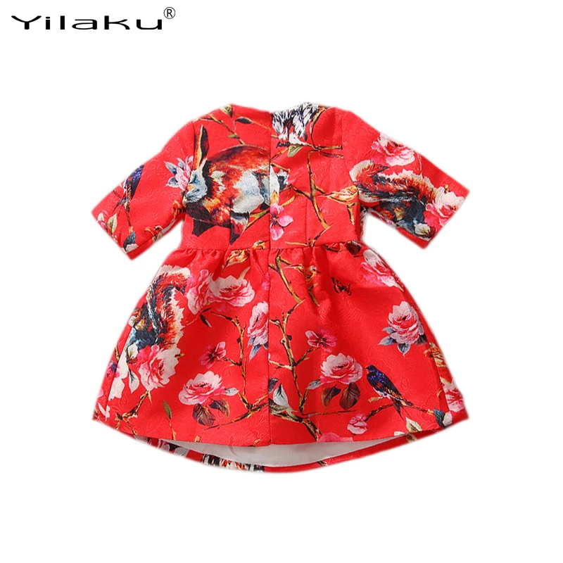 Yilaku Girl Dress Half Sleeve Animal Flower Print Princess Dresses Spring Summer Children Evening Kids Clothes CA268 | Детская одежда и