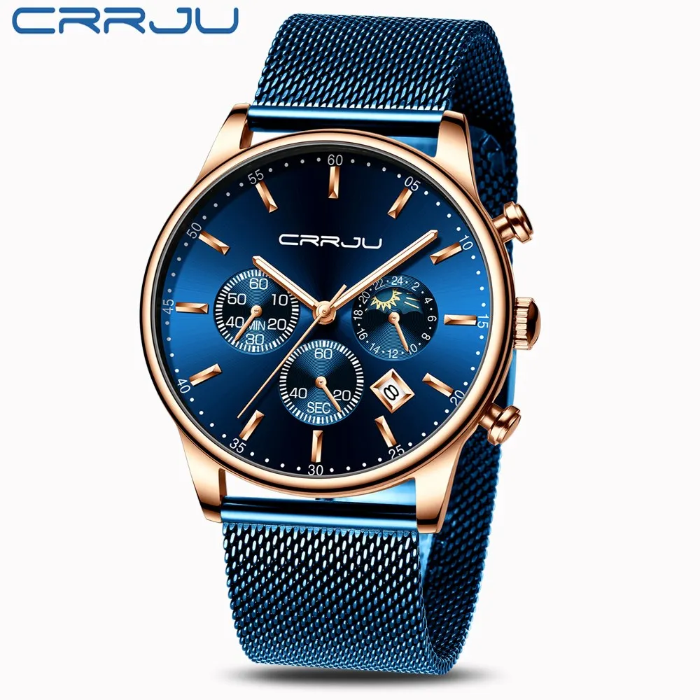 CRRJU Роскошные кварцевые мужские часы для мужчин Relogio Masculino синий циферблат
