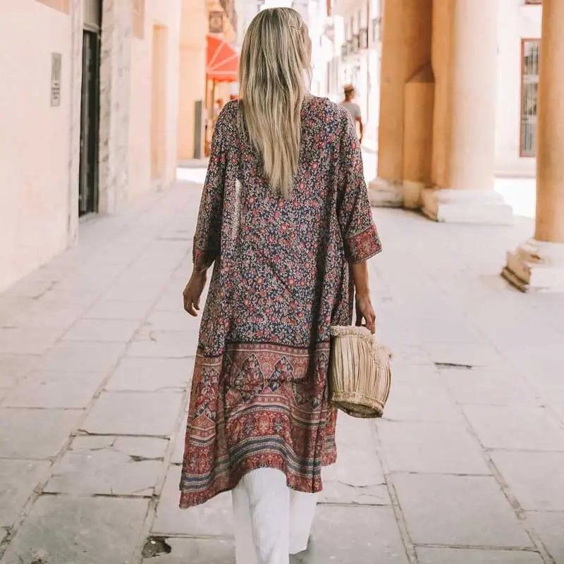 Богемный Вдохновленный пляжное кимоно пуговицы спереди boho длинный дизайн